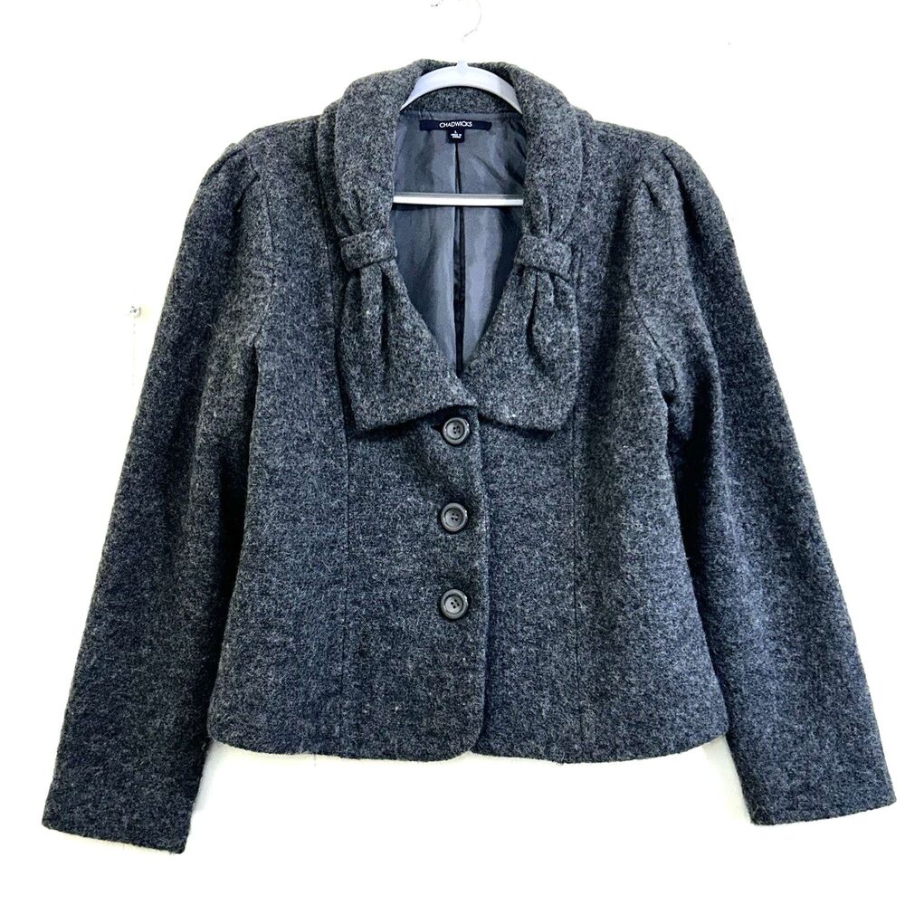 Chadwick's Women Gray Blazer Jacket Size Large 100% Wool Texture Wool Blazer